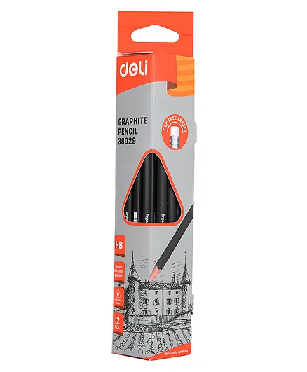Deli Intense Black Writing Drawing Sketching Graphite Pencil with Eraser Presharpened Smooth HB Triangular Barrel Pencil 12 Pieces E38029