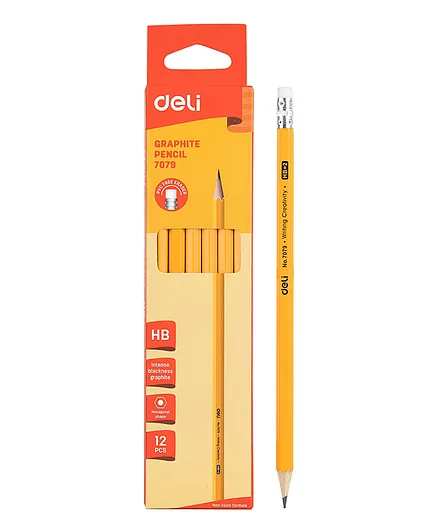 Deli Intense Black Writing Drawing Sketching Graphite Pencil with Eraser Presharpened Smooth HB Hexagon Barrel Pencil 12 Pieces E7079