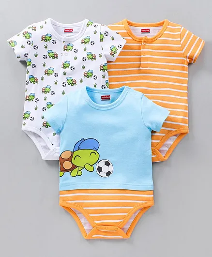 Babyhug 100% Cotton Half Sleeves Onesies Stripes & Turtle Print Pack Of 3 - Orange Blue White