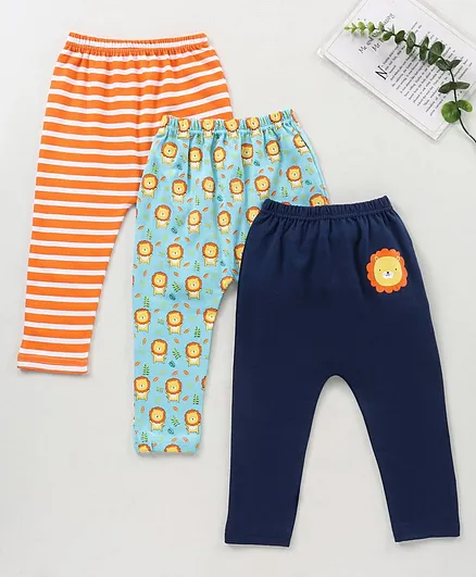 Babyhug Cotton Knit Full Length Diaper Leggings Multi-Print Pack of 3 - Orange Blue
