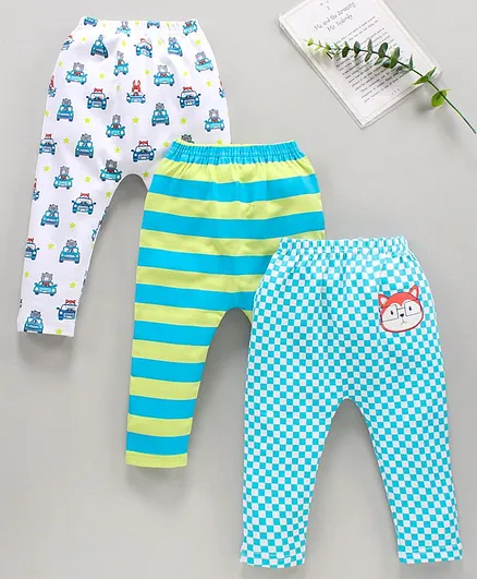 Babyhug Full Length Cotton Striped and Dot Printed Diaper Leggings Pack of 3 - Blue