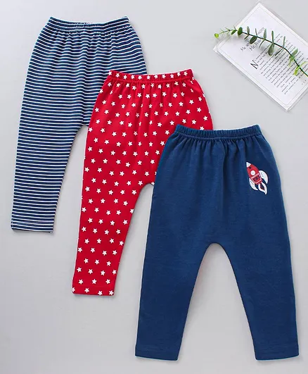 Babyhug Cotton Knit Full Length Diaper Leggings Multi-Print Pack of 3 - Red Blue