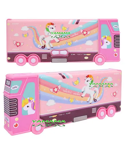 YAMAMA Double Compartment Bus Pencil Box Unicorn Print - Pink