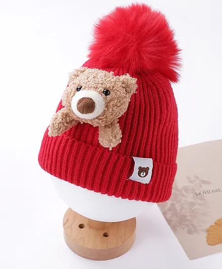 Babyhug Cotton Teddy Applique Cap Red - Diameter 11 cm