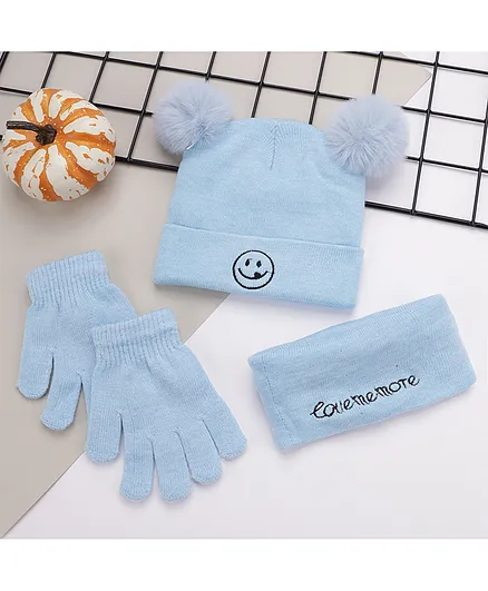 Babyhug Woollen Cap and Gloves Set with Headband Solid Colour Pattern Blue - Diameter 10 cm