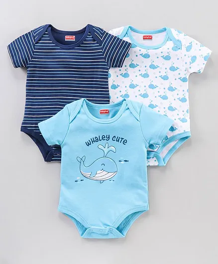Babyhug 100% Cotton Half Sleeves Onesies Stripes & Whale Print Pack Of 3 - Blue White