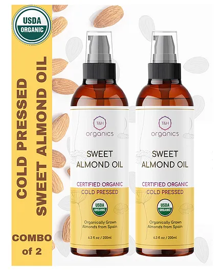 T&H Organics Certified Organic Cold Pressed Sweet Almond Oils Pack Of 2 - 200 ml Each