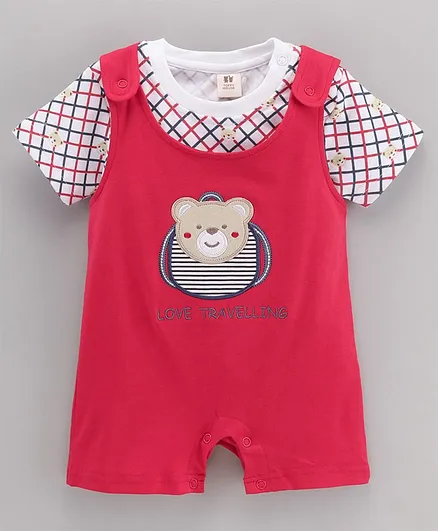 ToffyHouse Cotton Half Sleeves Dungarees Set With Tee Embroidered & Printed - Red