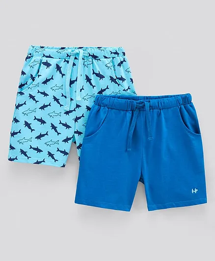 Honeyhap Premium 100% Cotton Knee Length Shorts With Soil Release Solid & Shark Print Pack of 2 - Blue
