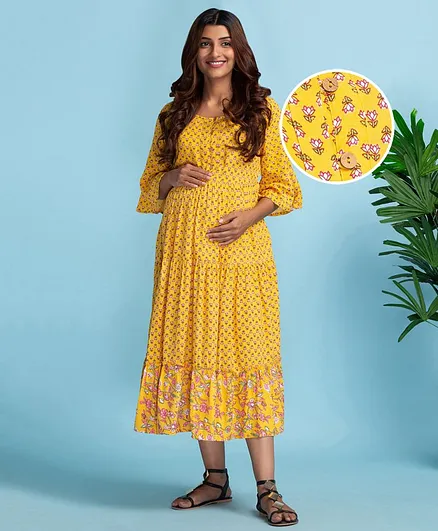 Bella Mama Three Fourth Sleeves Maternity Nursing  Frock Floral Print - Yellow