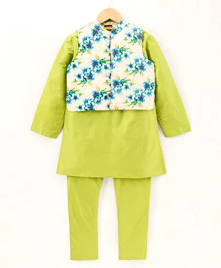 Twisha Krishna Print Full Sleeves Kurta With Pyjama & Jacket - Green