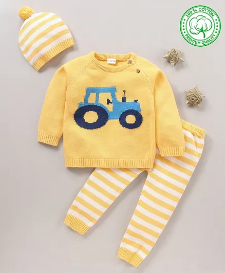 Babyhug 100% Organic Cotton Full Sleeves Sweater Set With Cap Stripes Design & Jeep Patch - Yellow