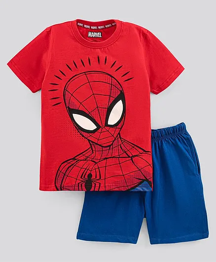 Pine Kids Half Sleeves Bio Washed Shorts Set Spider-Man Printed - Red Blue