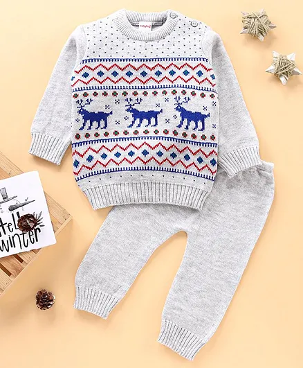 Babyhug Full Sleeves Sweater Set Deer Design - Grey