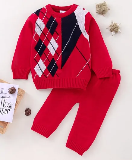 Babyhug Acrylic Knit Full Sleeves Argyle Sweater Set - Red