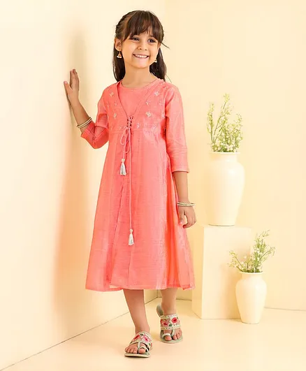 Babyhug Three Fourth Sleeves Embroidered Frock - Pink