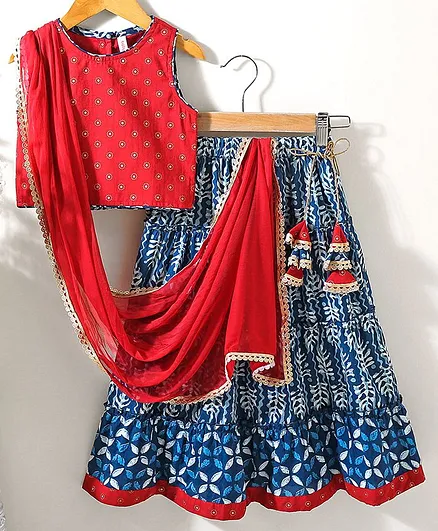Babyhug Sleeveless Choli & Lehenga Set With Dupatta Ethnic Print - Red Blue