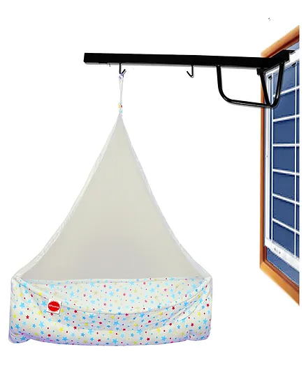 VParents Joy Baby Cradle with Attached Bed and Mosquito Net and Window Cradle Metal Hanger - Blue
