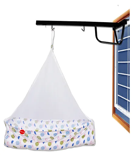 VParents Fruity Baby Cradle with Attached Bed and Mosquito Net and Window Cradle Metal Hanger - Blue