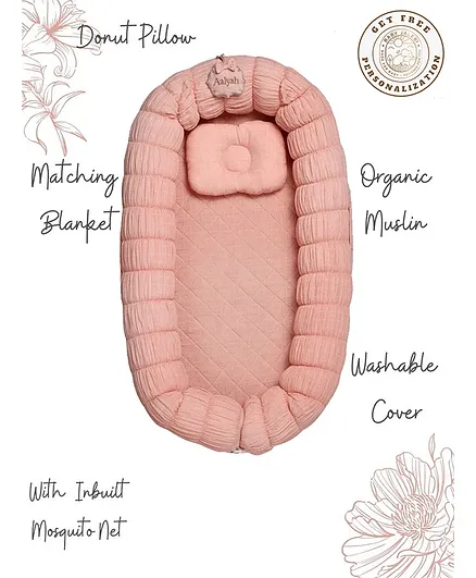 Baby Jalebi The Sleep Cloud Personalised Nest With Inbuilt Mosquito Net & Spongy Side - Blossom Pink