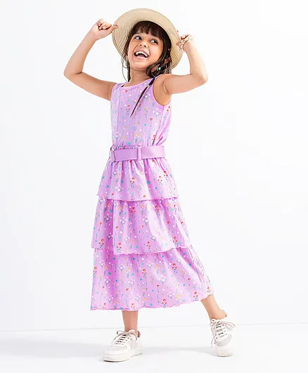 Ollington St. Singlet Sleeves Top & Calf Length Skirt With Belt Floral Print - Pink