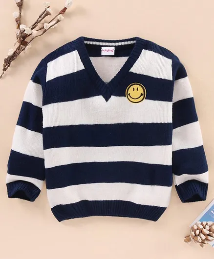 Babyhug Full Sleeves Knit Sweater With Stripes Design & Smiley Embroidery- Off White Blue