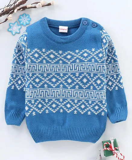 Babyhug Full Sleeves Knit Jacquard Sweater - Blue