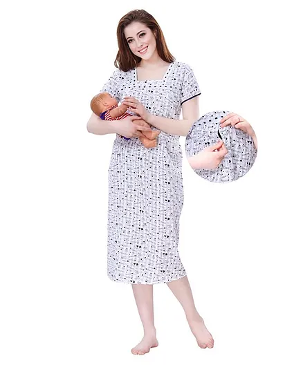 Piu Half Sleeves I Love Mom Dad Print Maternity Feeding Nighty - White