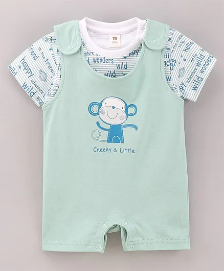 ToffyHouse Dungaree Style Romper With Half Sleeves Tshirt Text Print - Blue