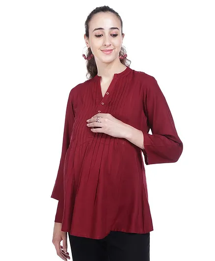 Mothersyard Three Fourth Sleeves Solid Maternity & Nursing Top - Maroon