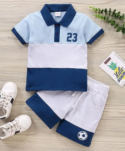 Babyhug Half Sleeves Color Blocks T-Shirt & Knee Length Shorts - Blue Grey