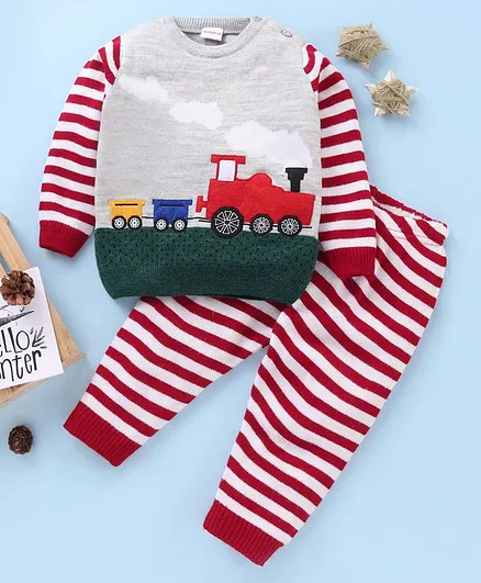Babyhug Full Sleeves Baby Sweater Set Train Print - Multicolor