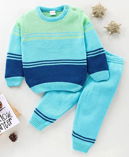 Babyhug Full Sleeves Sweater Set Color Block Print - Blue