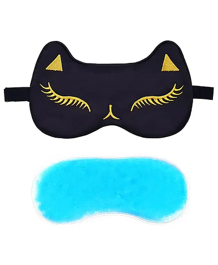 Jenna Silk Feline Print Face Sleeping Eye Mask With Cooling Gel - Black 