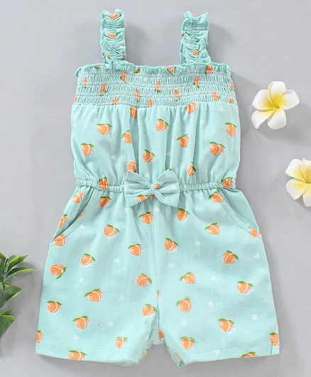 Babyhug 100% Cotton Singlet Sleeves Jumpsuit Peaches Print - Blue