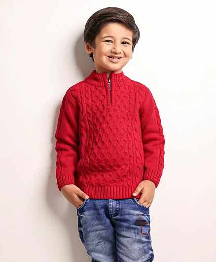 Babyhug Full Sleeves Cable Knit Henley Sweater - Red