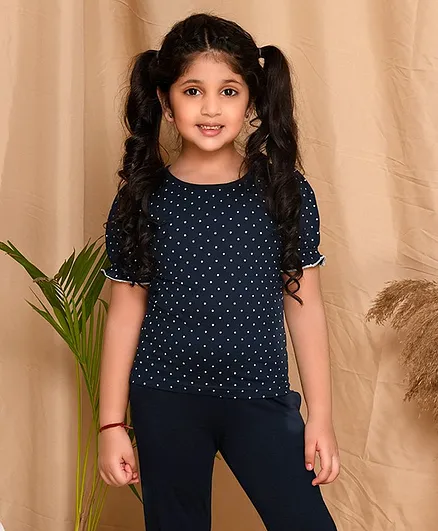 Kids Cave Puff Sleeves Dots Printed T Shirt - Blue
