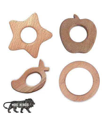 Neem Handmade and Safe Wooden Teethers Shaped Like Apple Mango Ring and Star Set Of 4 - Brown
