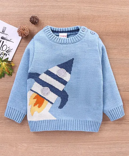 Babyhug Acrylic Full Sleeves Sweater Rocket Print - Light Blue