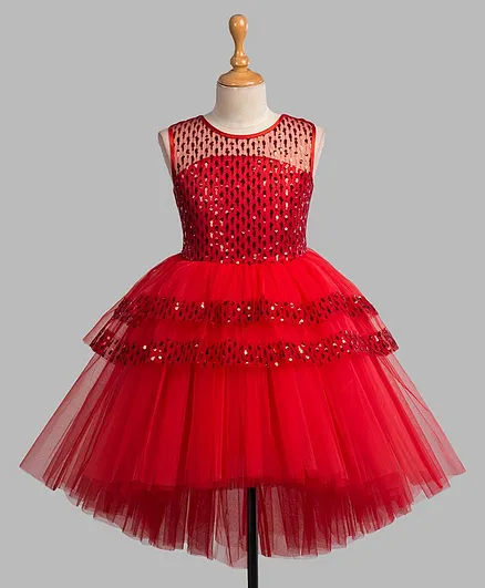 Toy Balloon Sleeveless Sequins Embellished High Low Party Dress - Red