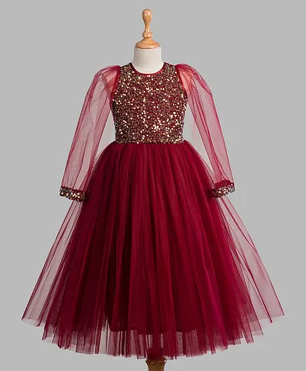 Toy Balloon Full Sleeves Sequin Embellished Full Length Party Dress - Maroon