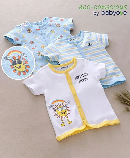 Babyoye Half Sleeves Cotton Stripe & Sun Printed Vest Pack Of 3 - Blue & White
