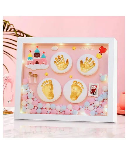 Mold Your Memories Baby Clay Handprint & Footprint Wooden Frame with LED - Gold Pink