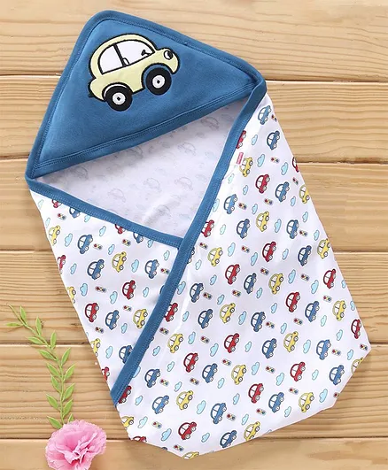 Babyhug Interlock Cotton Wrapper Car Embroidery - Blue