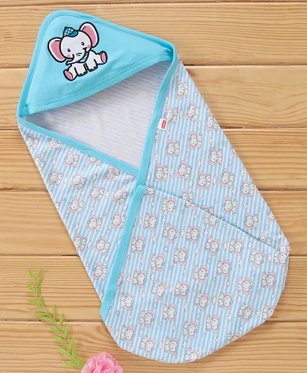 Babyhug Interlock Cotton Wrapper Elephant Embroidery - Blue