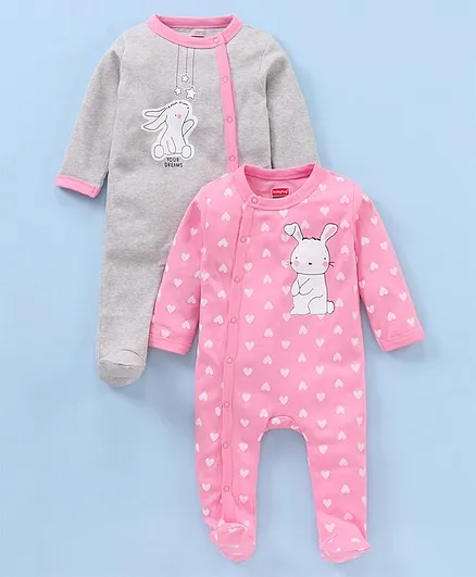 Babyhug Full Sleeves Sleepsuits Bunny & Heart Print Pack Of 2 - Pink Grey