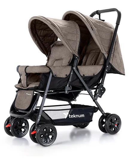 Teknum Linen Double Baby Stroller with Canopy - Khaki