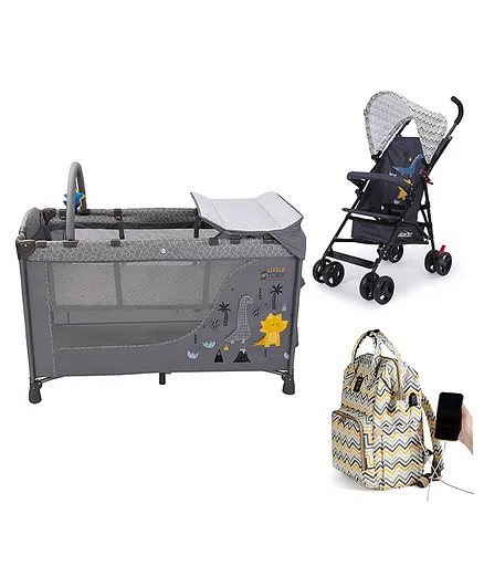Little Story Stroller With Playard Cot & Diaper Bag - Grey