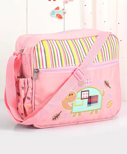 Mother Bag With Bottle Holder Cartoon Embroidered - Light Pink