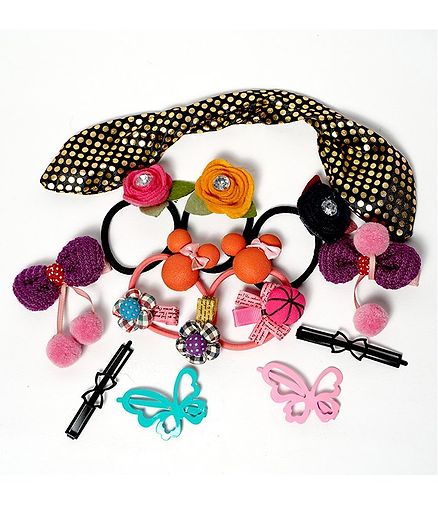Tahanis Gift Set Of 1 Ponytail Holder With 5 Rubber Bands & 9 Hair Clips - Multi Colour